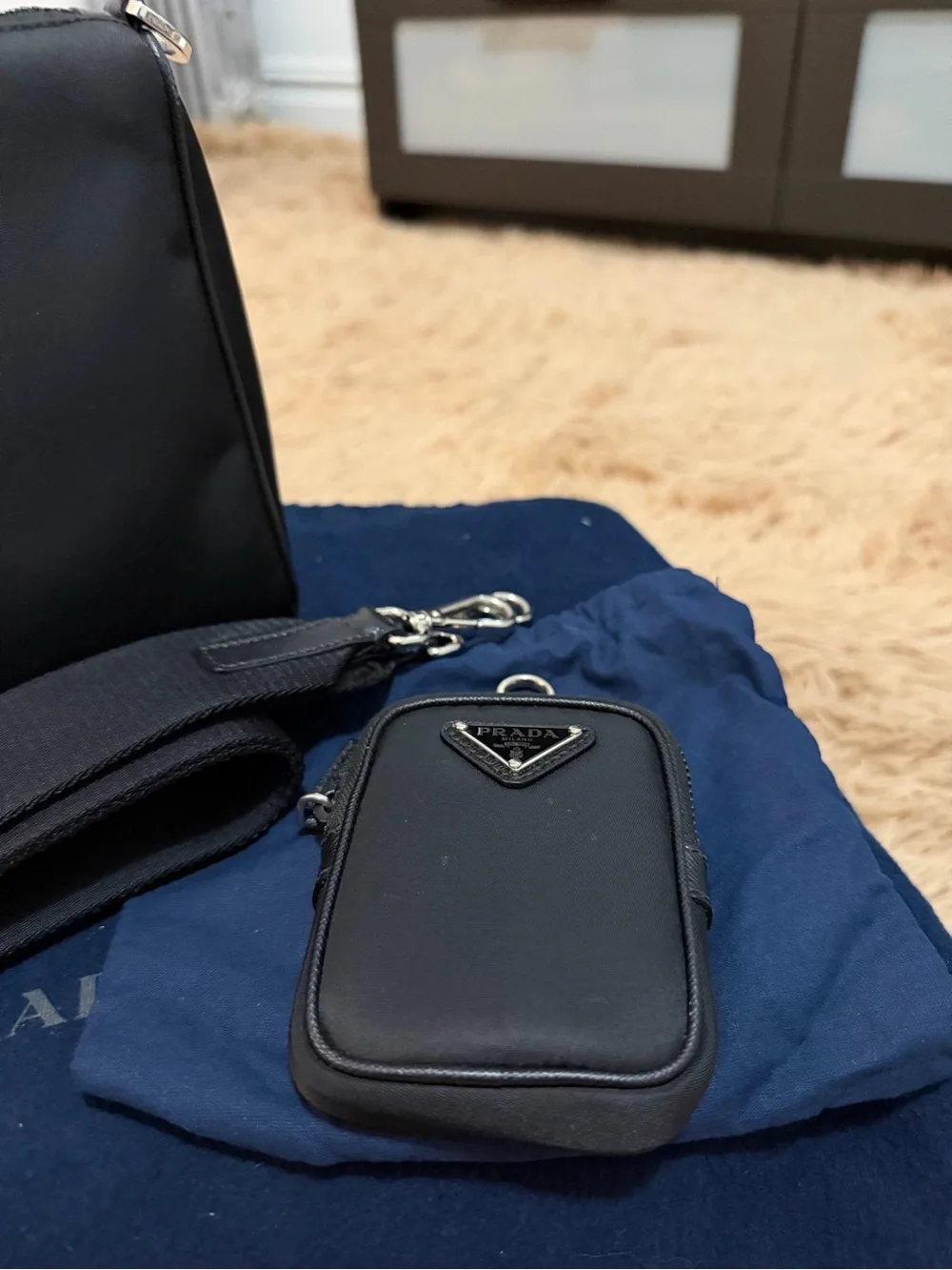 Prada Black Nylon Messenger Bag with Detachable Logo Strap and Pouch